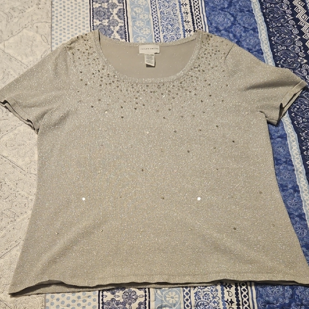 Jaclyn Smith Silver Embellished Short Sleeve Top